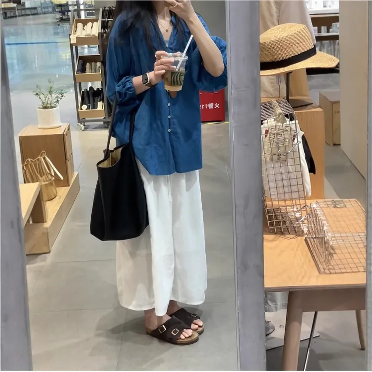 秋季高级感显白穿搭一整套装女深蓝色防晒长袖衬衣搭配亚麻半身裙