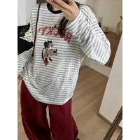 SP卡通小狗字母印花圆领撞色条纹长袖T恤女秋季新款宽松休闲上衣