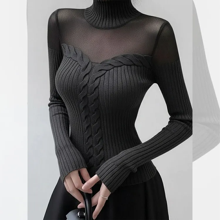 别致独特漂亮内搭黑色网纱小衫洋气高贵针织衫打底高领上衣女秋冬