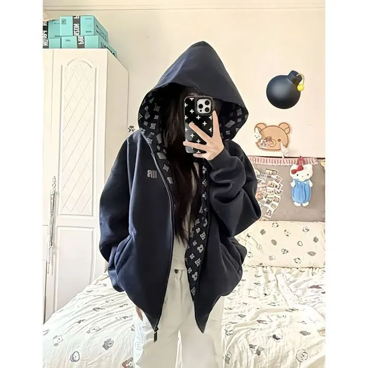 【字母刺绣】美式甜酷花纹连帽卫衣秋冬季加绒加厚宽松薄款外套潮