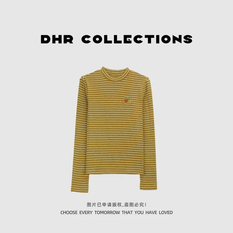 豆豆9【南瓜条纹T】冬季复古撞色长袖T恤女百搭洋气打底衫-25QD056