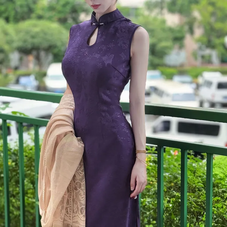 LHMknk1画报夫人原创自制新中式秋季针织提花水滴领旗袍 紫山蝴蝶