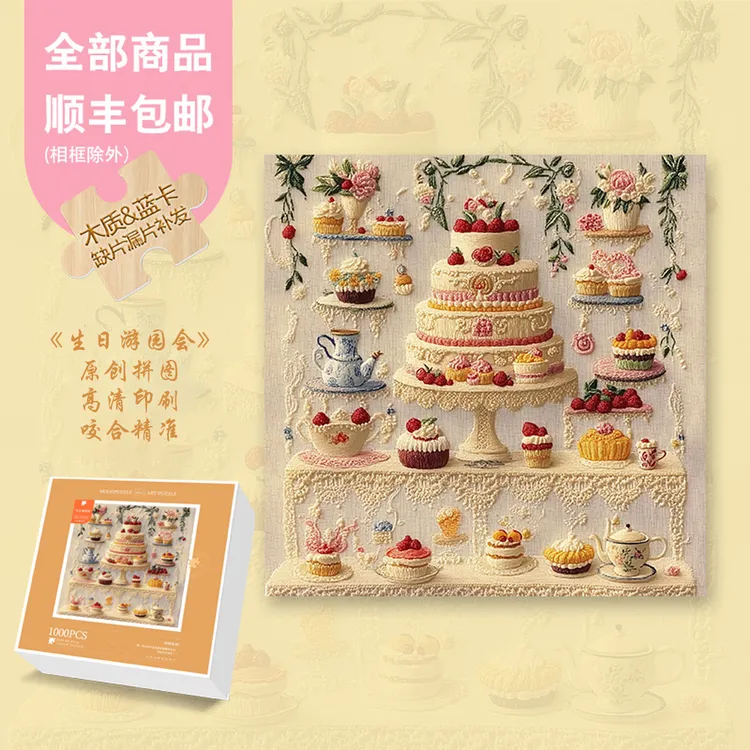 Mood原创【生日游园会】1000片生日礼物送朋友刺绣解压木制拼图礼盒