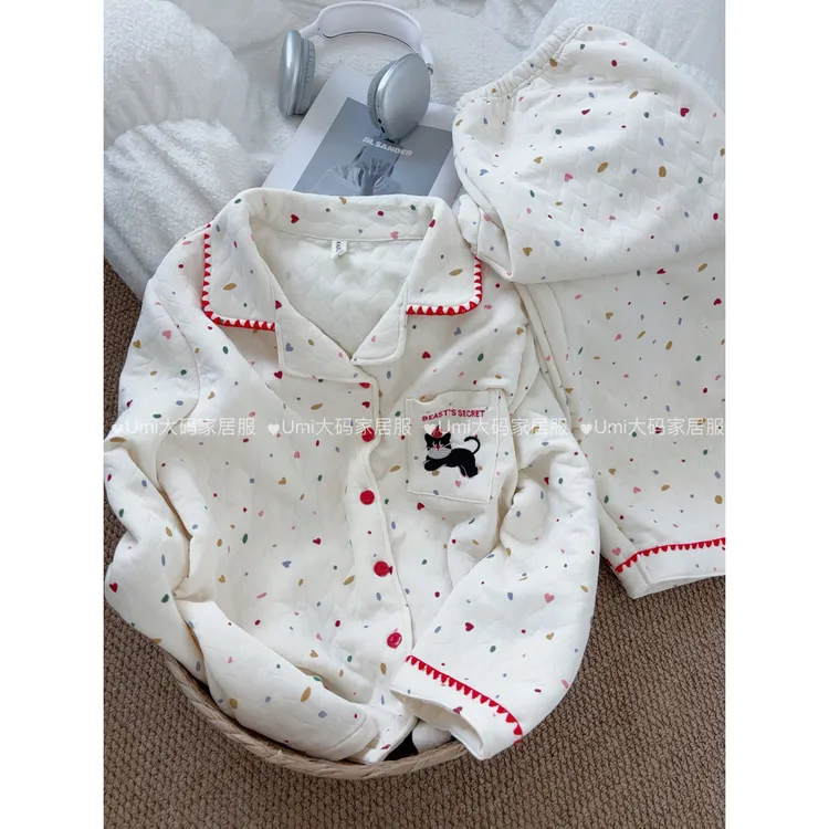 大码冬季睡衣女加厚保暖空气夹层棉多巴胺卡通印花开衫翻领家居服