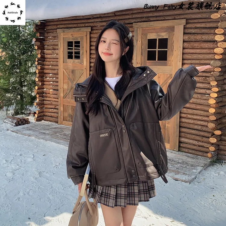 咖色连帽pu皮衣精致服女冬季外套加厚2025高级感超好看短款设计感