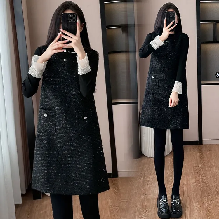 小香风黑色马甲连衣裙女秋冬时尚法式亮片宽松显瘦遮肉外搭无袖裙