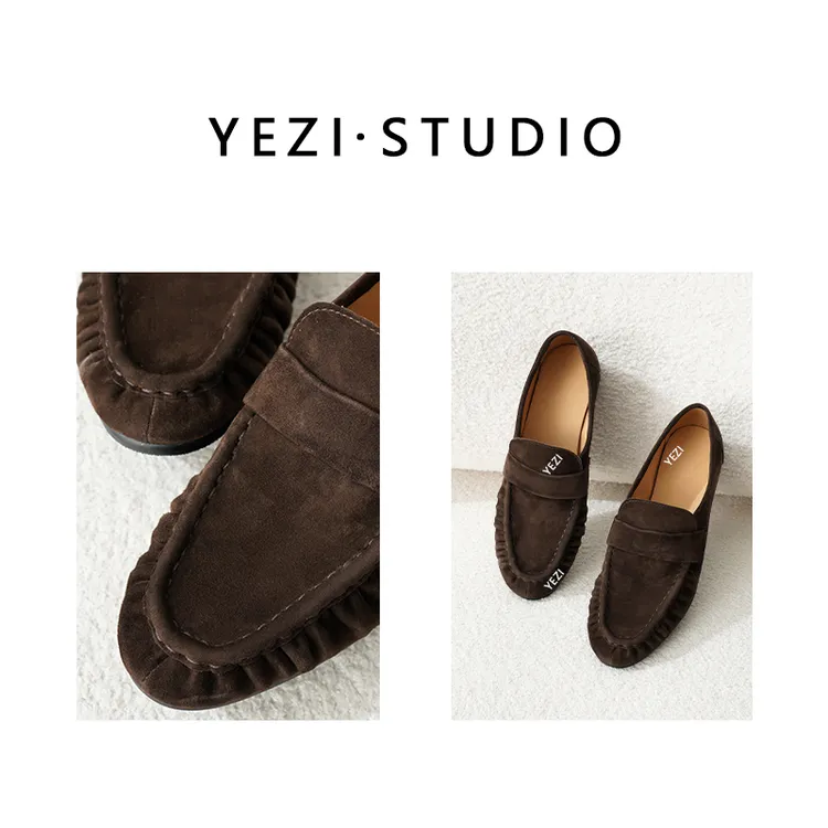 【精致匠人】舒适羊反绒牛皮复古褶皱平底粗跟一脚蹬乐福鞋25449027