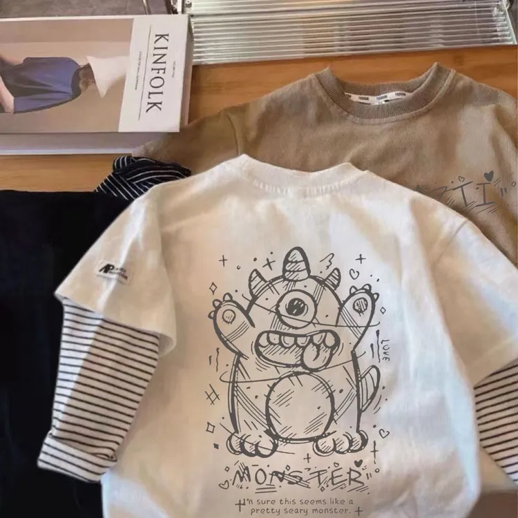 小怪兽纯棉t恤男童打底衫春秋款儿童假两件长袖男孩秋季外穿上衣t