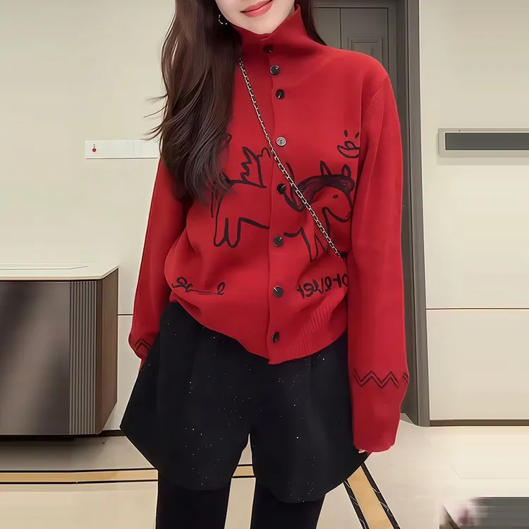 秋冬新款小香风小马刺绣单排扣高领针织女高腰显瘦短裤时尚通套装