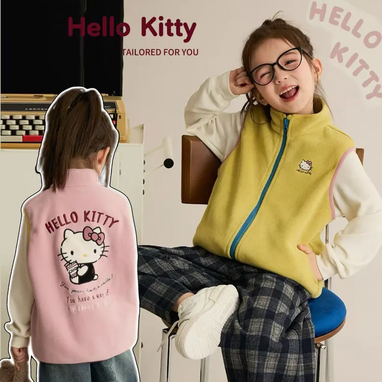 2025秋冬女童新款KT猫暖暖绒双面绣花马甲童装儿童加厚