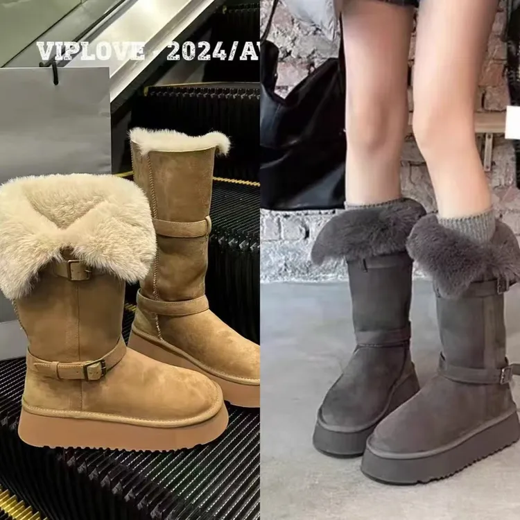 米那家高筒灰色秋冬加绒加厚中长筒雪地靴