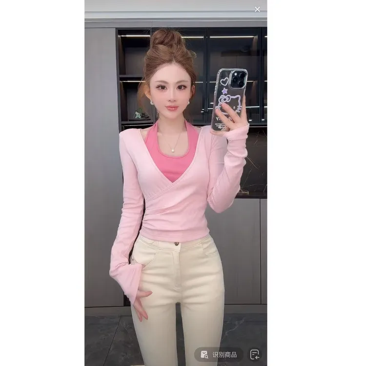 曼曼【撞色秋日】简约假两件撞色挂脖T恤3677#