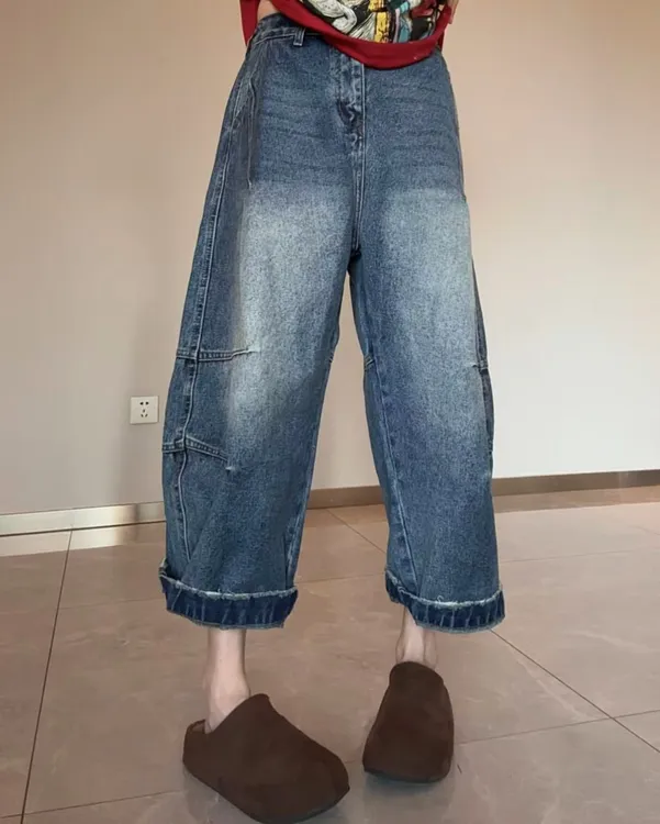 shasha【69271】早春季加厚复古洗水哈伦老爹牛仔裤