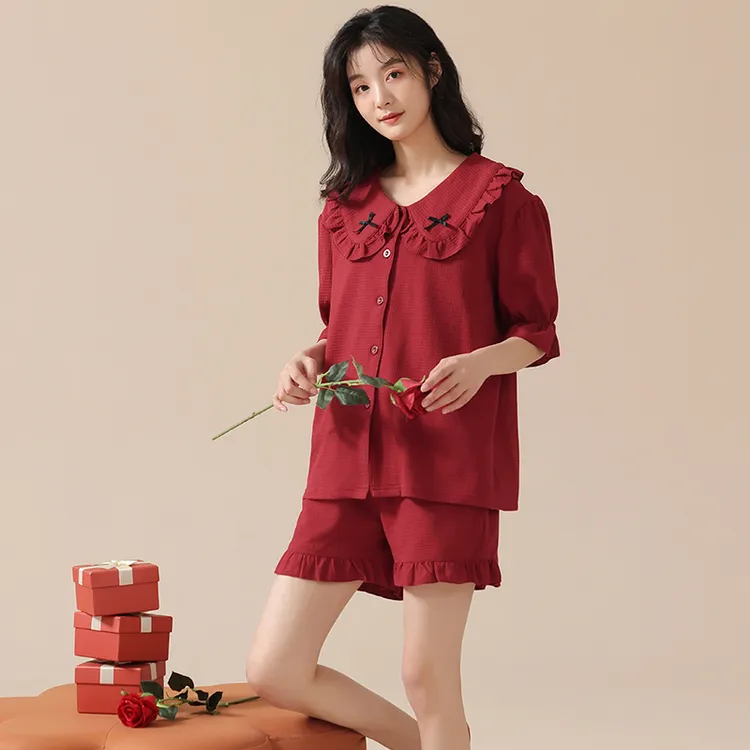 睡衣女夏季纯棉短袖红色喜庆新婚送礼婚庆全棉家居服中长款睡裙