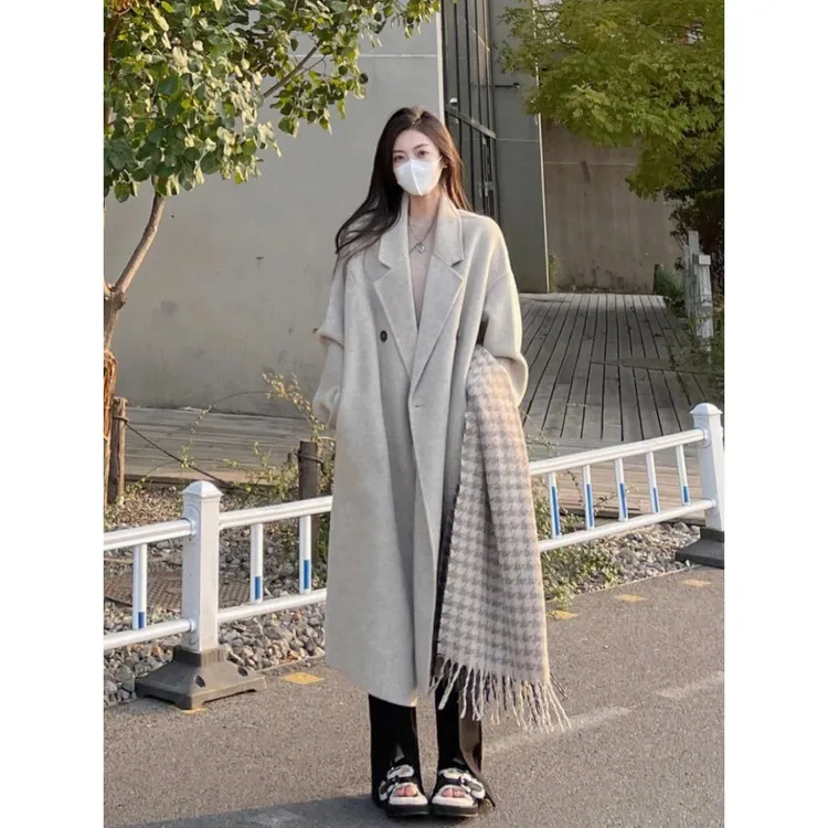 灰色双面毛呢大衣女2025秋冬新款韩版宽松中长款呢子加厚外套