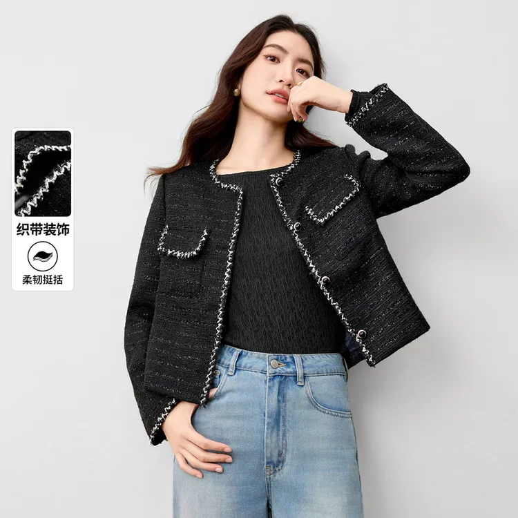 【手工织带装饰】优雅通勤金属扣垫肩短款亮丝粗花呢小香风外套