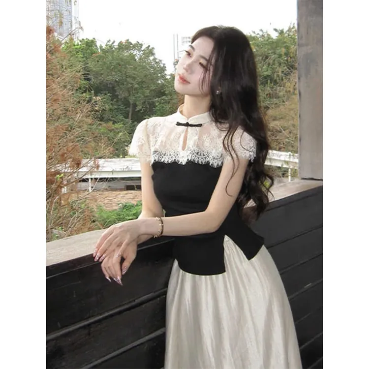 2025夏季新中式拼接蕾丝假两件T恤搭配仙女风气质松紧半身裙套装