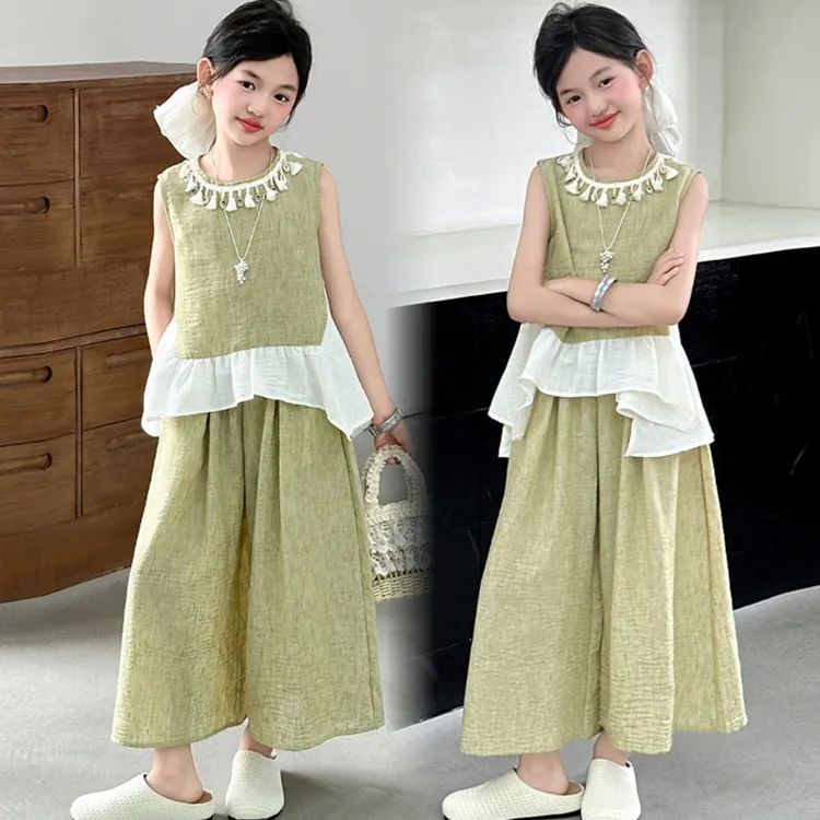 女童夏套装2025新款棉麻背心儿童韩版超好看不规则上衣阔腿裤两件