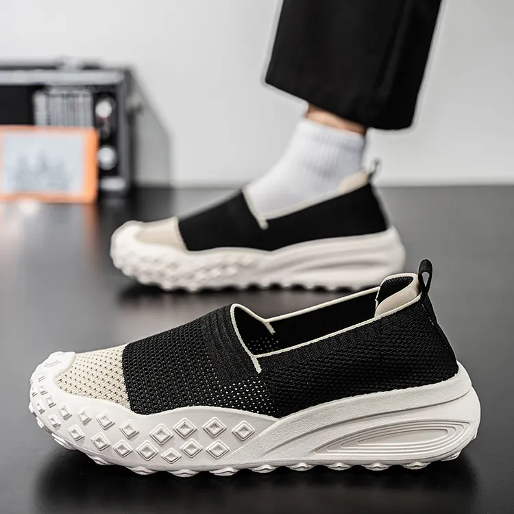 2025新款夏季镂空一脚蹬透气松糕底时尚休闲鞋飞织百搭男士废土风