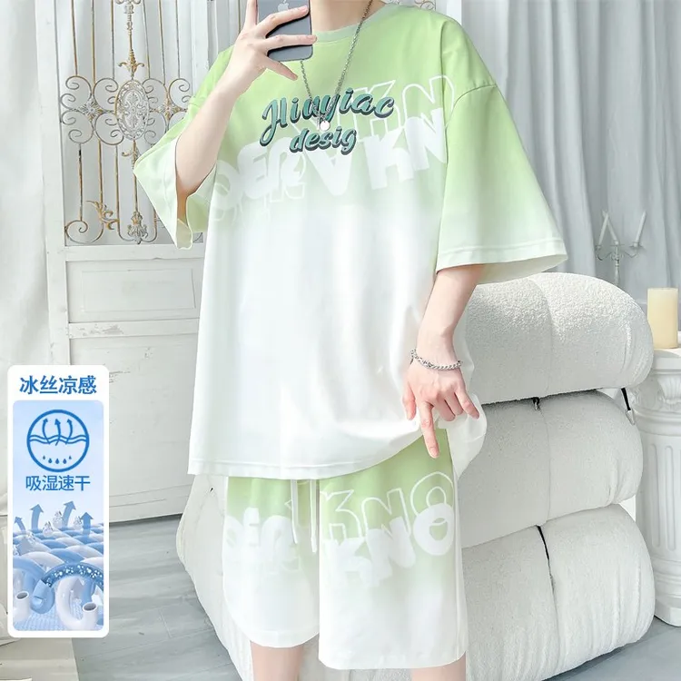 隐匿者休闲套装男夏季新款百搭大码速干冰丝短袖套装运动男士套装