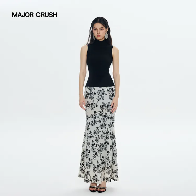 MAJOR CRUSH新款黑色显瘦无袖针织上衣印花半裙优雅套装裙80929