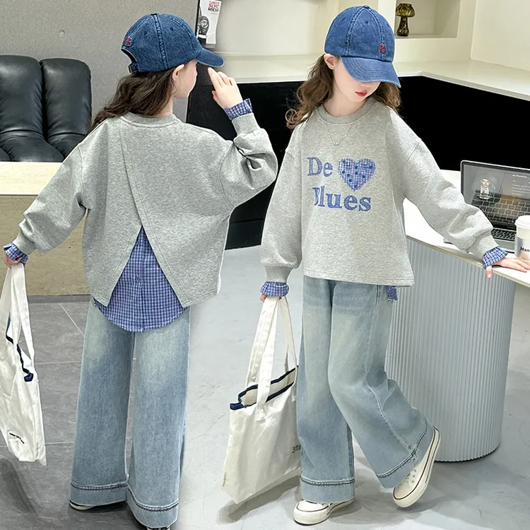 女童春秋款卫衣套装2025新款6-12岁15中大童洋气休闲牛仔裤两件套