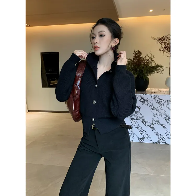 JIJINQI百搭秋冬小香风黑色针织INS风复古轻奢毛衣女JD12SMXL1205