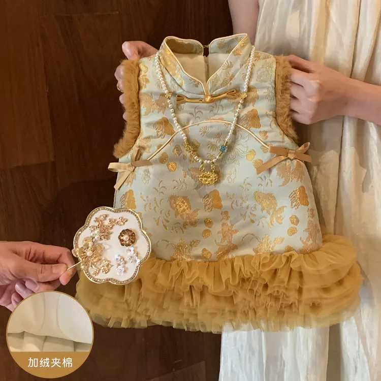 小沐沐女童国风旗袍裙拜年服2026新款冬装小童女宝宝新年连衣裙