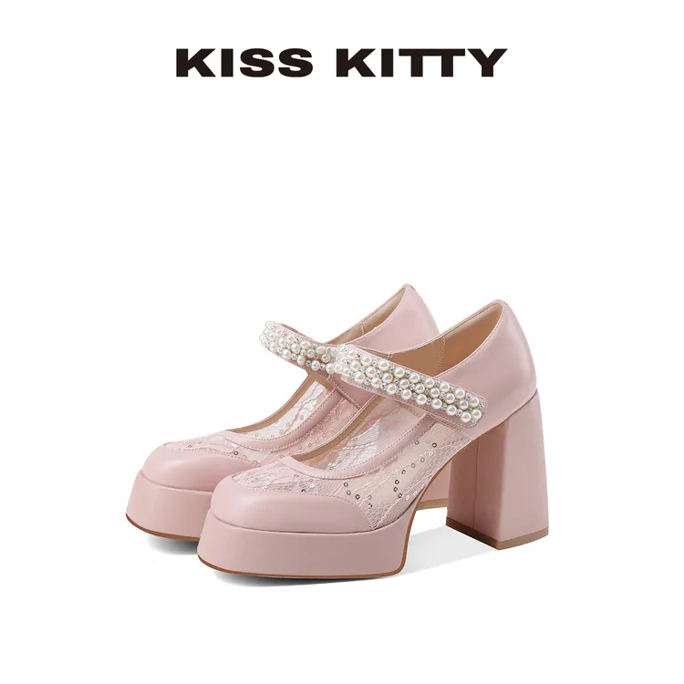 KISSKITTY玛丽珍25年秋季女款绝美珍珠一字带浅口单鞋超高防水台