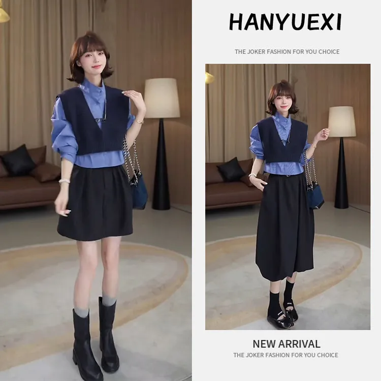 韩系氛围感穿搭秋季2025新款时尚气质显瘦衬衫马甲半身裙三件套潮