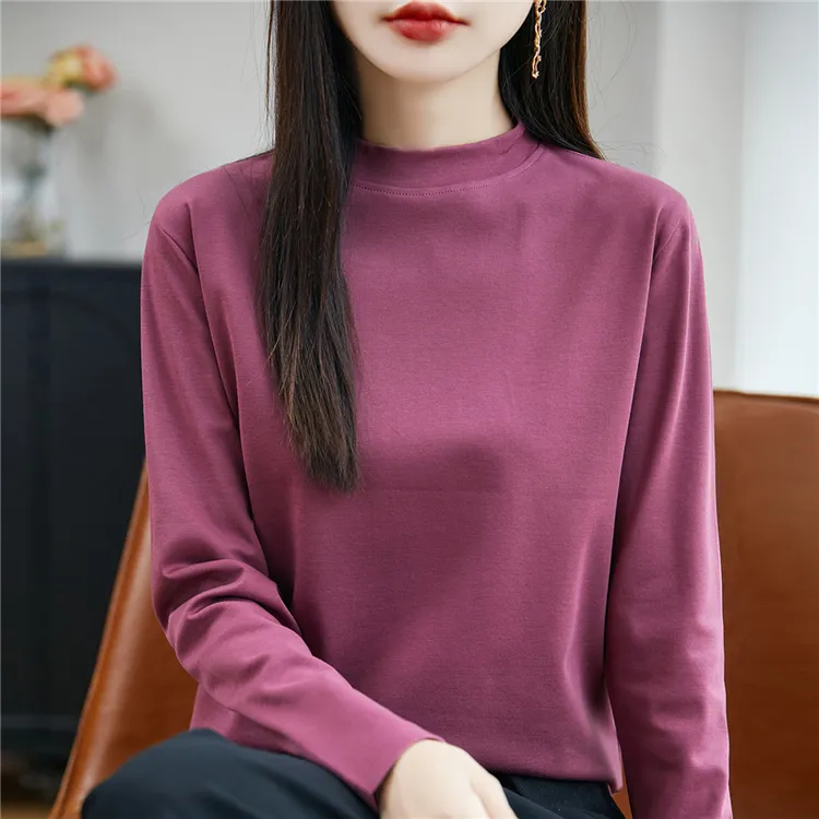 半高领长袖t恤女纯棉紫色打底衫秋季宽松高级内搭
