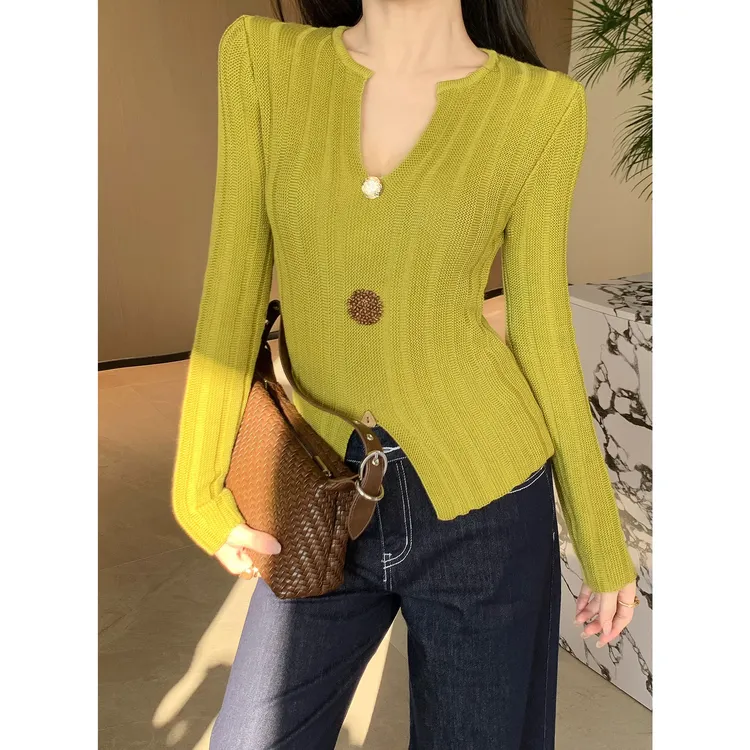 JIJINQI显瘦针织修身V领长袖秋冬气质网红设计感上衣JD10SMXL1128