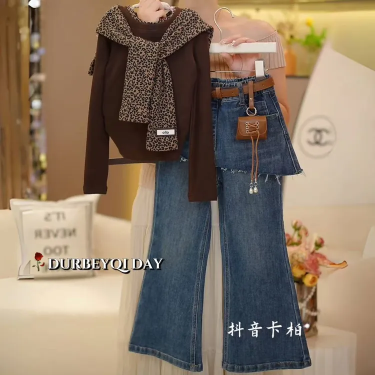 女童2025秋季新款套头圆领打底衫牛仔裤套装韩版