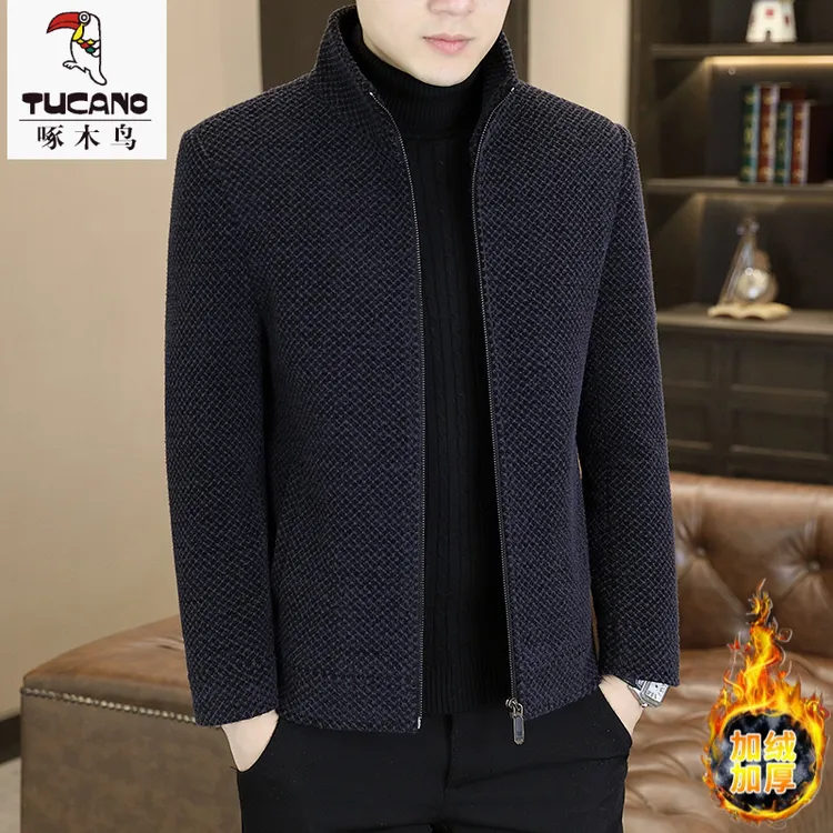 啄木鸟毛呢外套男士加厚秋冬季短款翻领修身大码呢子时尚加绒拉链