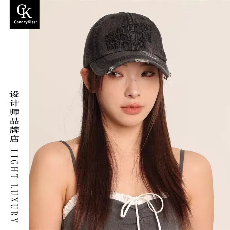 CanaryKiss美式复古刺绣鸭舌帽女水洗棒球帽宽檐破洞牛仔遮阳帽子