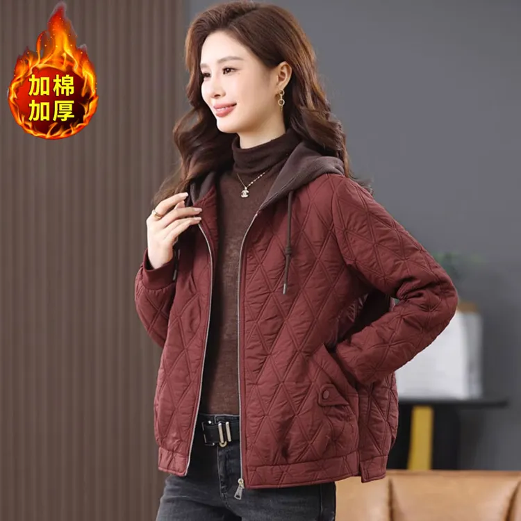 轻薄夹棉外套女棉服2025秋冬新款中年妈妈连帽上衣小个子菱格棉衣
