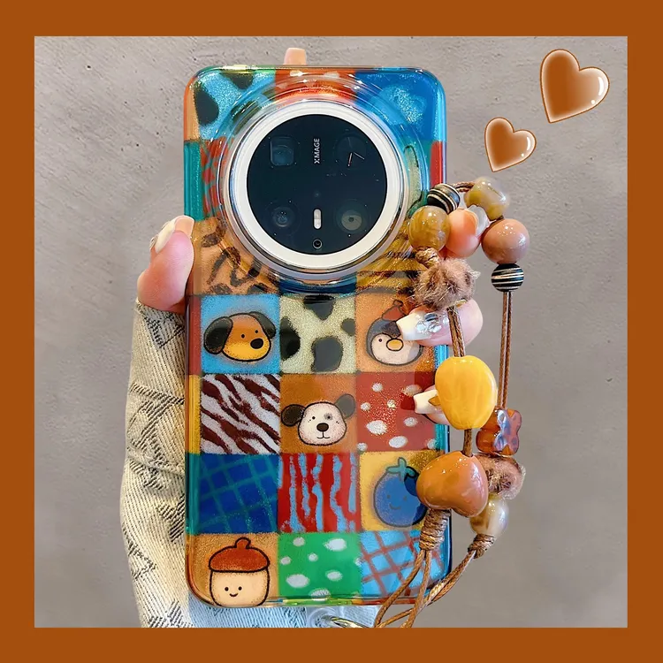 适用华为mate70pro+手机壳pura70pro拼接格纹小动物mate60pro链条