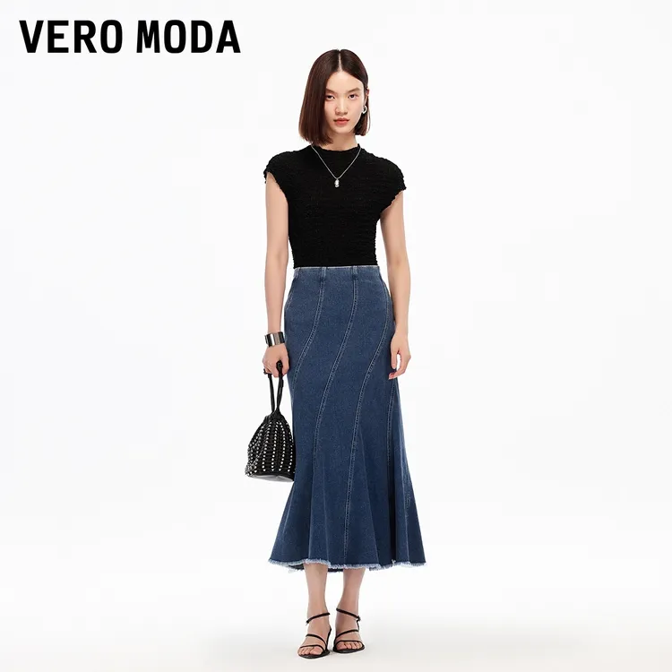 Vero Moda半身裙【涟漪】25新款含棉做旧毛边牛仔鱼尾裙325337003