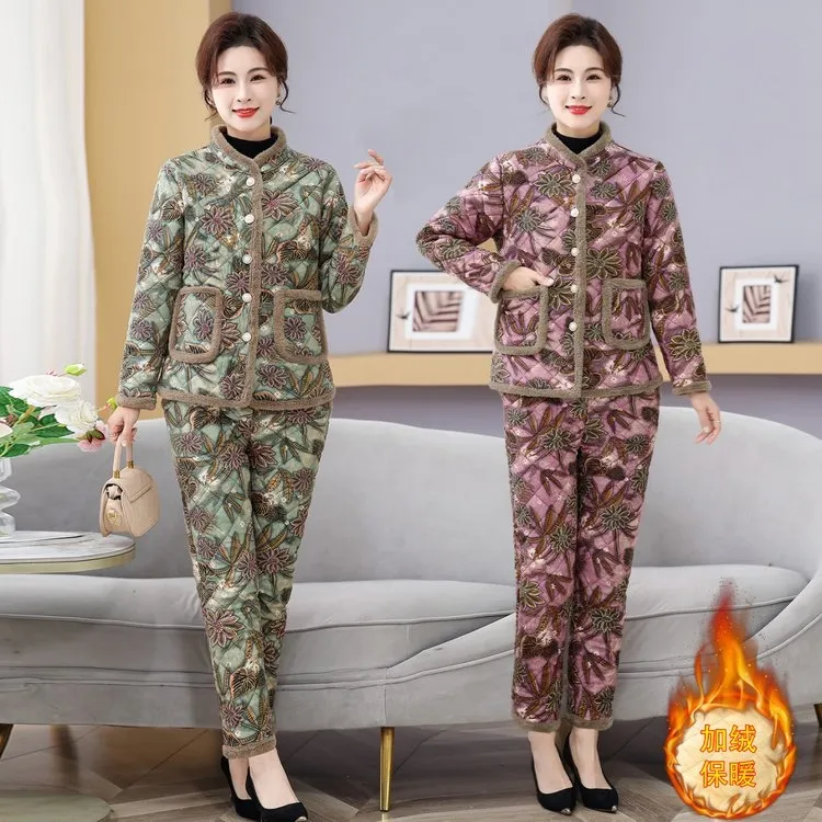 妈妈装加绒加厚棉衣棉裤两件套冬季新款中老年女宽松棉袄保暖套装