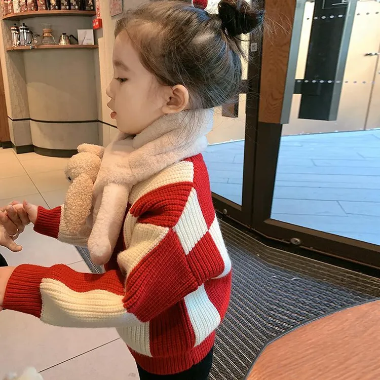 女童毛衣加厚加绒2025新款格子上衣女宝洋气冬季套头针织衫保暖