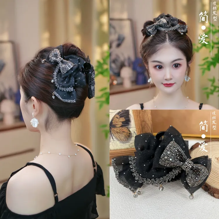 复古重工设计师款蝴蝶结水钻挂坠麦穗黑色网纱鲨鱼夹发夹发饰