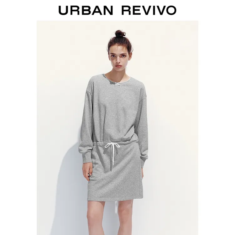 UR2026春季新款女装休闲蝴蝶结绑带抽绳收腰连衣裙UYL750111