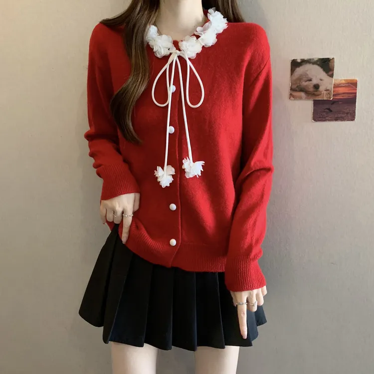 新品法式红色花边蝴蝶结毛衣女秋冬新款胖mm99