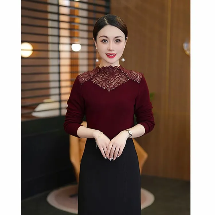 立领蕾丝拼接长袖打底秋冬时尚镂空小衫洋气百搭加绒保暖显瘦上衣