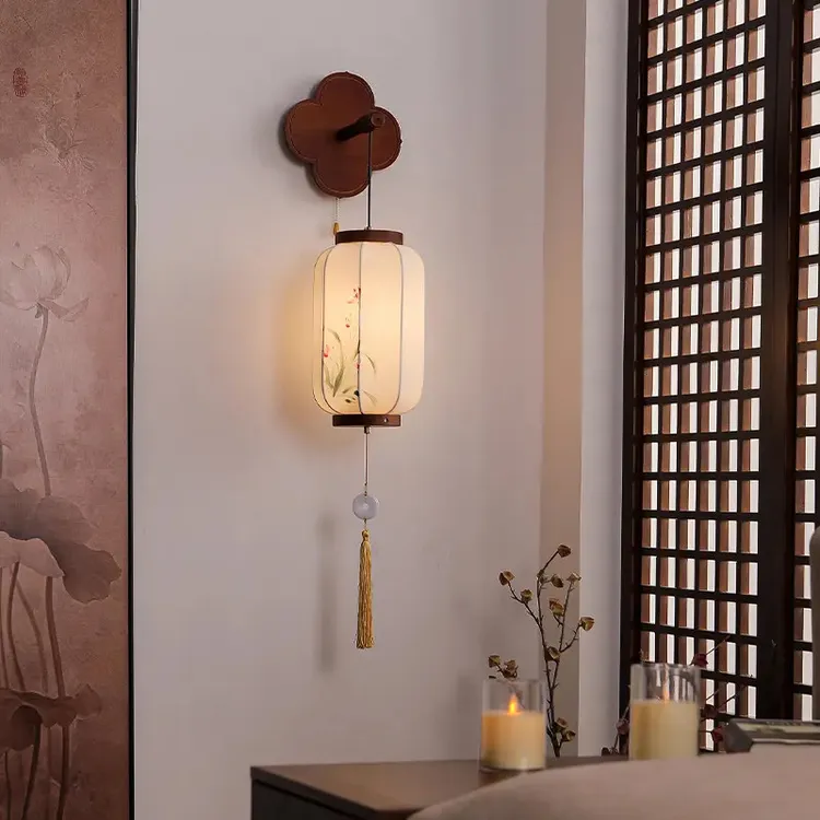 宋氏风格布艺壁灯实木中式床头灯创意国风禅意吊灯简约兰花玄关灯