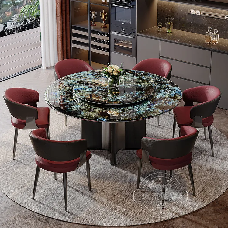 天然蓝翡翠亚马逊绿祖母绿纹大理石圆形餐桌椅组合轻奢高端带转盘