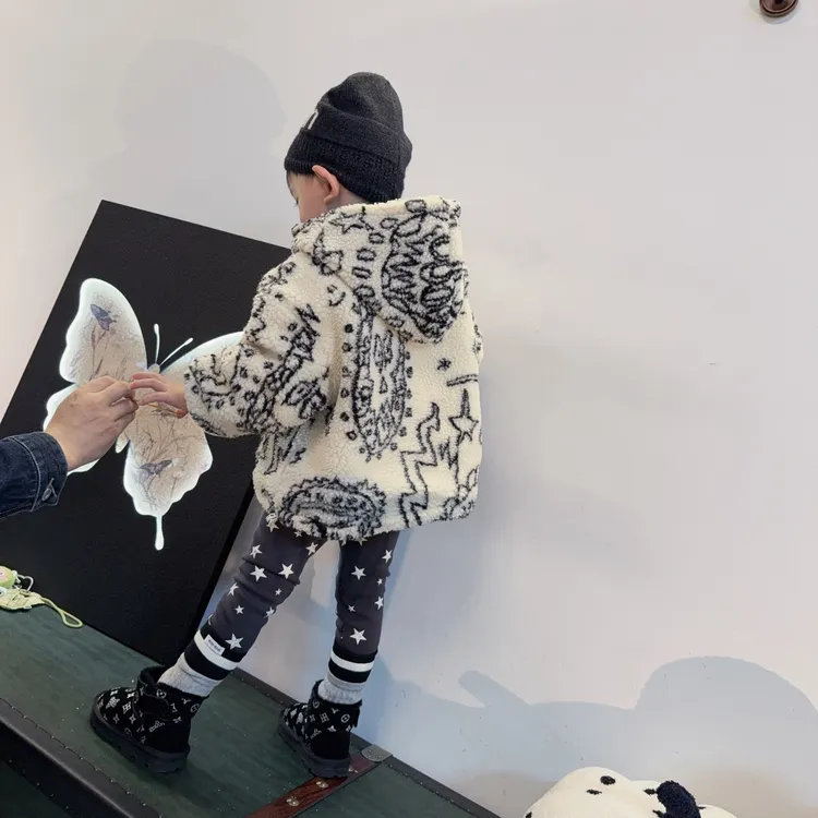 濮六六童装 男女童韩版复古花色羊羔绒夹棉加厚套头外套 