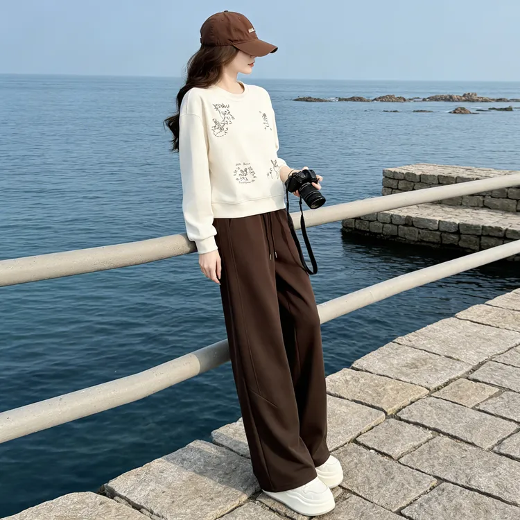 运动风印花卫衣套装女2025春秋新款高级感宽松圆领阔腿裤两件套