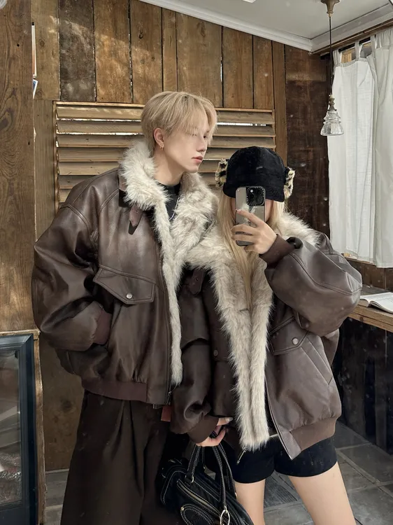 情侣装秋冬棉衣保暖加厚拼接厚款大毛领翻领长袖外套潮