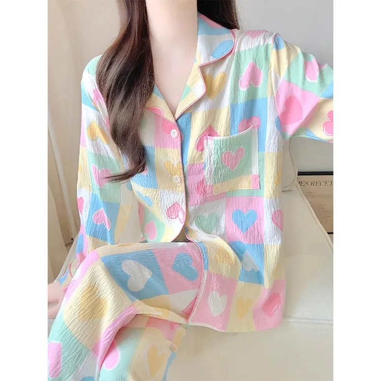 长袖套装纯云朵棉春秋季爱心家居服套装睡衣家居服甜美女ins